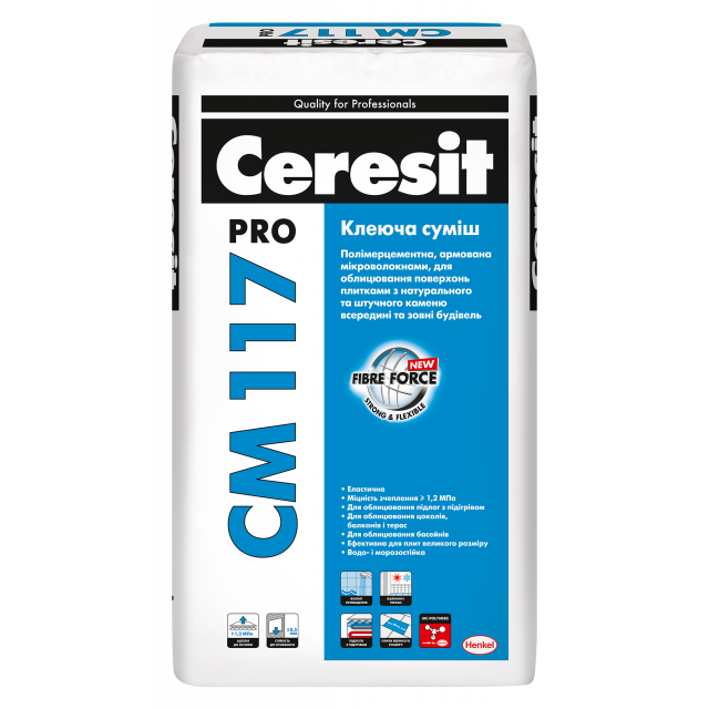 CERESIT CM 117 PRO Полимерцементная, армированная микроволокнами клеящая смесь, для облицовки поверхностей плитками из натурального и искусственного камня внутри и снаружи зданий, 27 кг