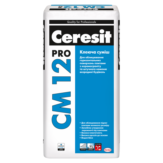 CERESIT CM 12 PRO Клеюча суміш для облицювання горизонтальних поверхонь плитками з керамограніту та штучного каменю всередині будівель, 27 кг