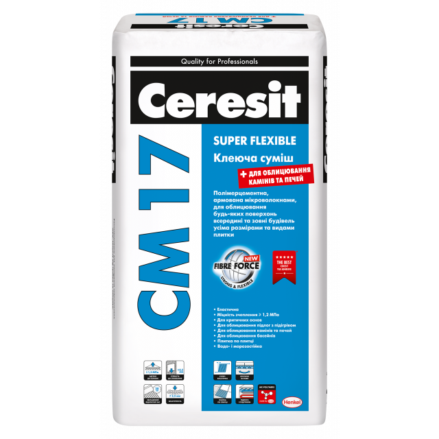 CERESIT CM 17 SUPER FLEXIBLE Полімерцементна, армована мікроволокнами клеюча суміш, для облицювання будь-яких мінеральних деформівних поверхонь всередині та зовні будівель, 25 кг