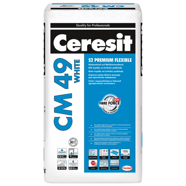 CERESIT CM 49 WHITE S2 PREMIUM FLEXIBLE Високоеластична спеціальна клеюча суміш для плитки з великим запасом міцності, 20 кг