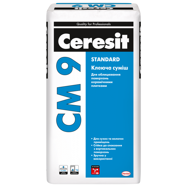 CERESIT CM 9 STANDARD Клеящая смесь для облицовки поверхностей керамическими плитками внутри зданий, 25 кг